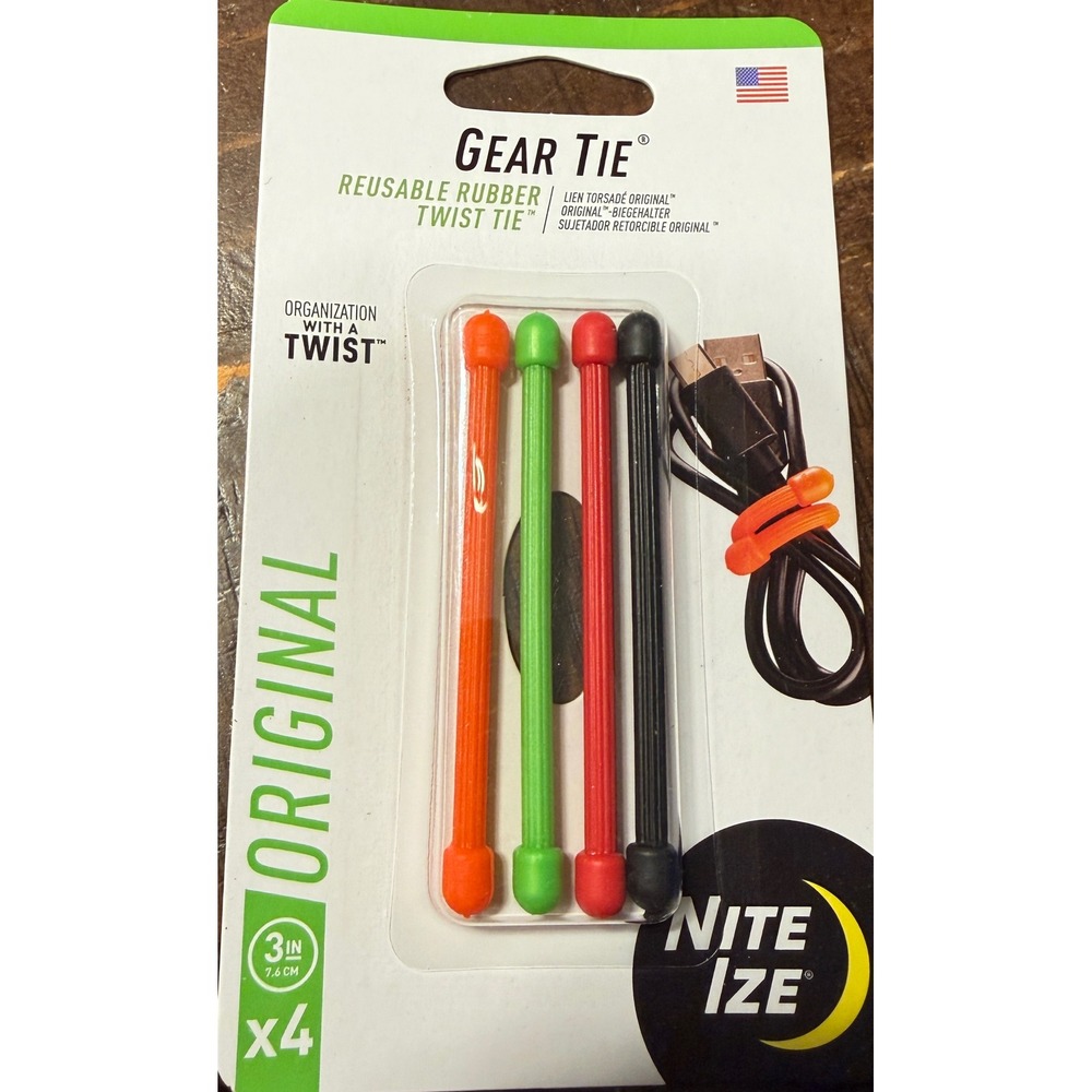 Nite Ize Gear Tie Reusable Rubber Twist Tie 4 Pack 3" New Multi-Color GT3-4PK-A1